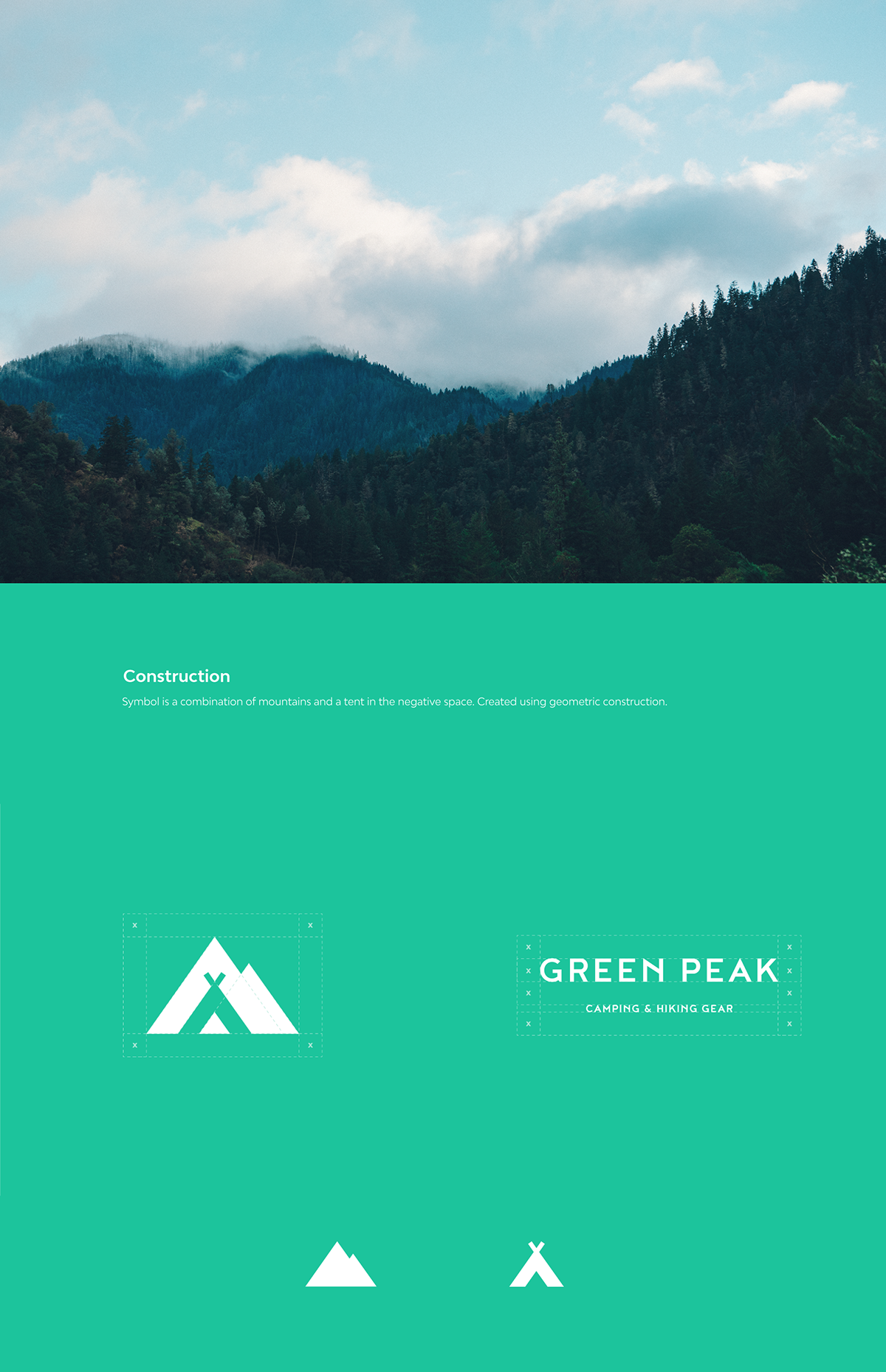 professional, flat logo for Green Peak. Outdoor logo, Hiking and camping logo design. Mountain and tent in the negative space.